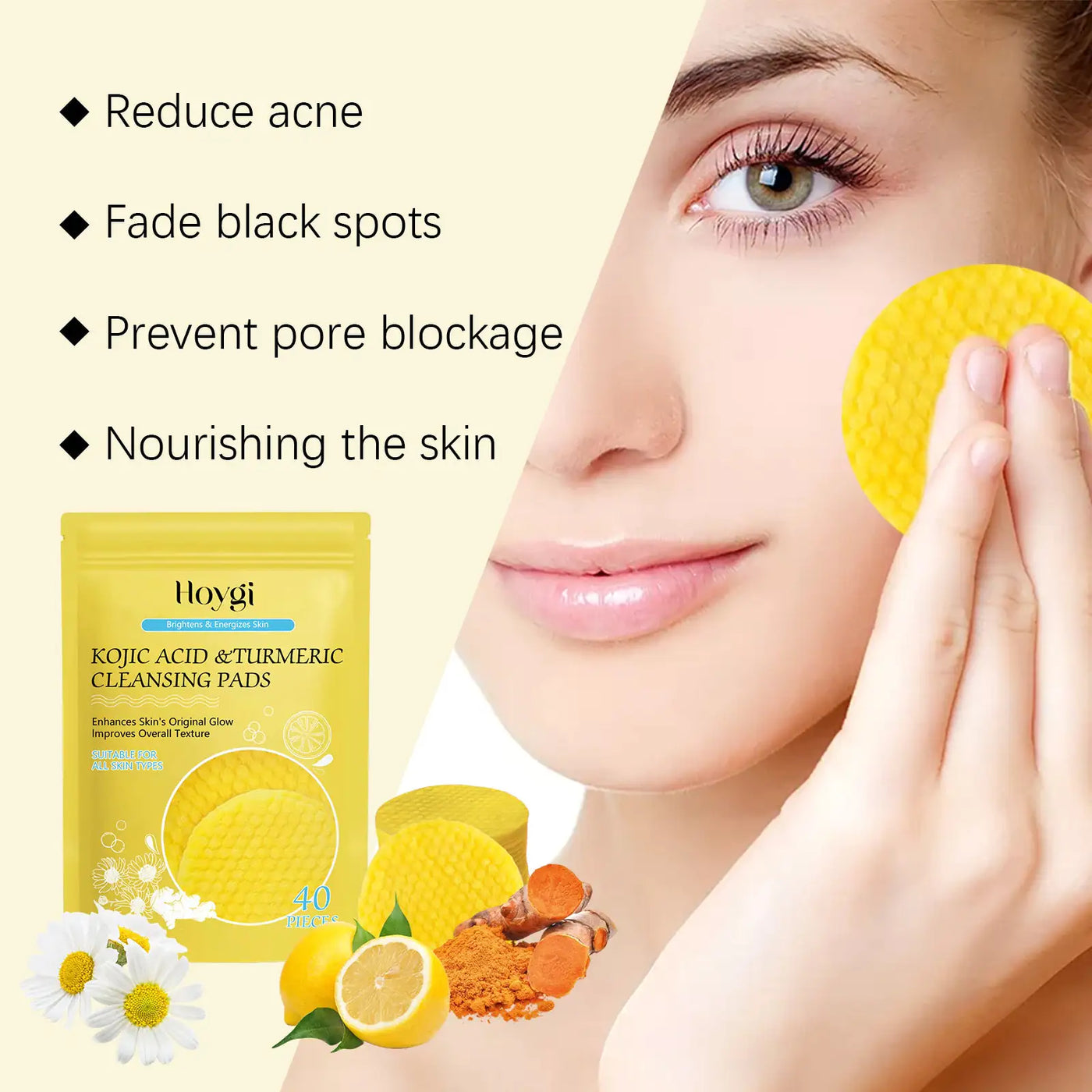 Hoygi Turmeric Acid Cleansing Pad Facial Skin Pore Cleansing, Makeup Remover Gentle Exfoliating Cleansing Pad